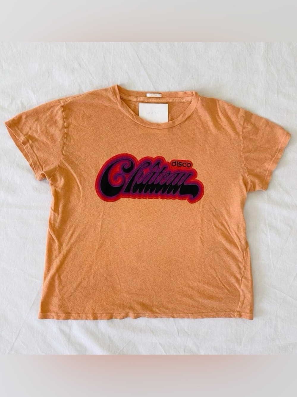MOTHER The Sinful Tee Disco Chateau Graphic Medium Orange Linen Cotton Crewneck